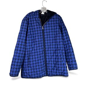 Susan Graver Jacket Women’s M Blue Black Houndstooth Reversible Quilted Fleece